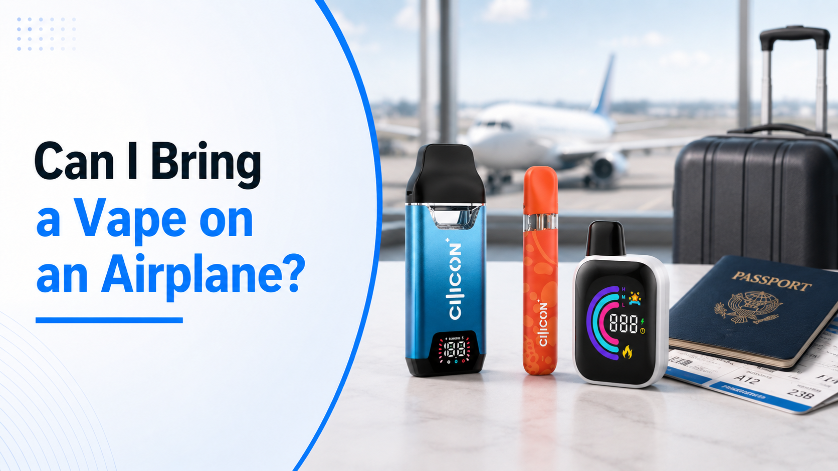 Airport travel scene showing nicotine vape, CBD vape, and disposable vape in carry-on luggage following TSA airplane regulations in 2026