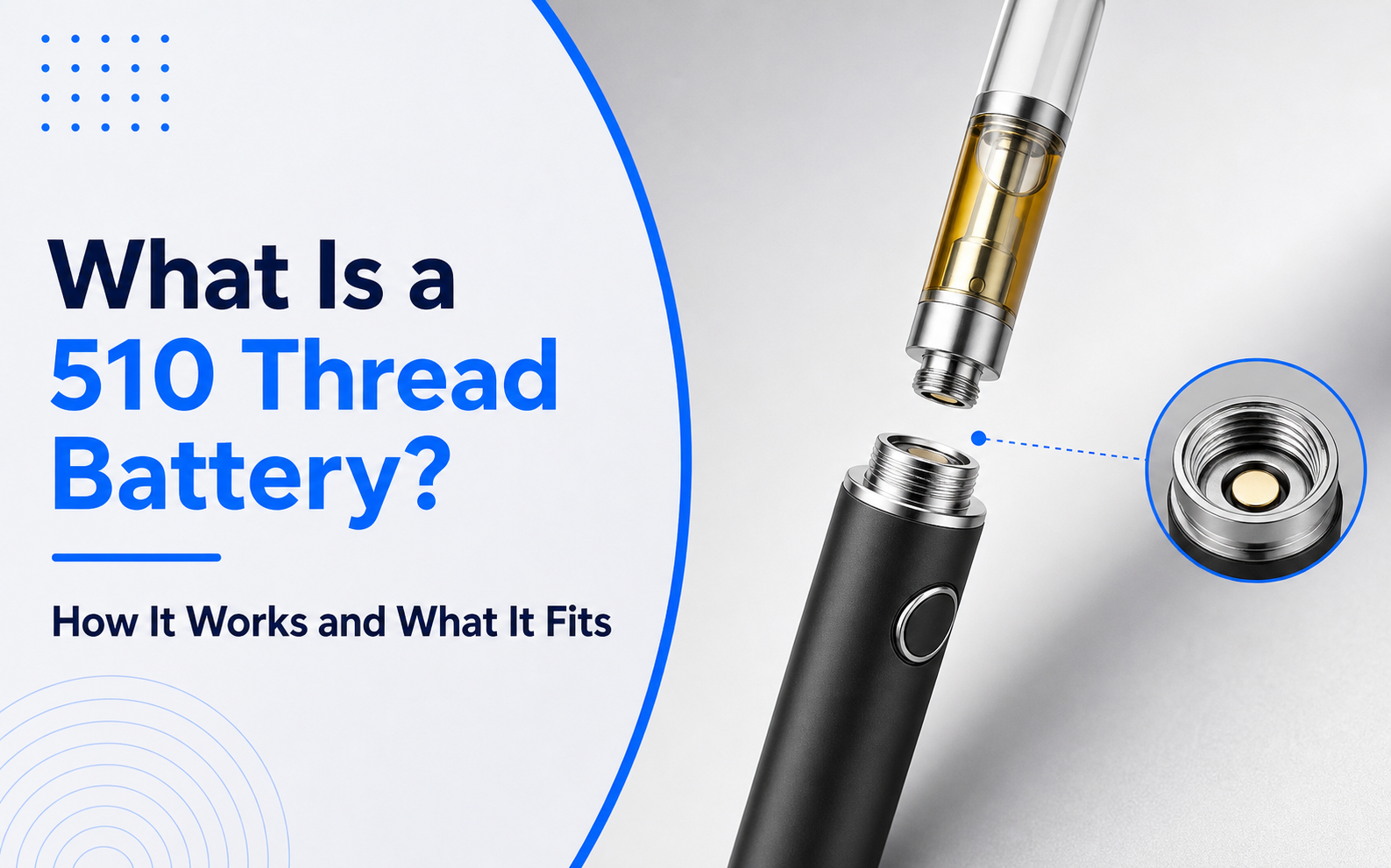 [what-is-a-510-thread-battery-blog-hero.png](/F:/CILICON_CODEX/output/imagegen/what-is-a-510-thread-battery-blog-hero.png)510 thread battery with a cartridge aligned above the threaded connector and a close-up of the battery socket