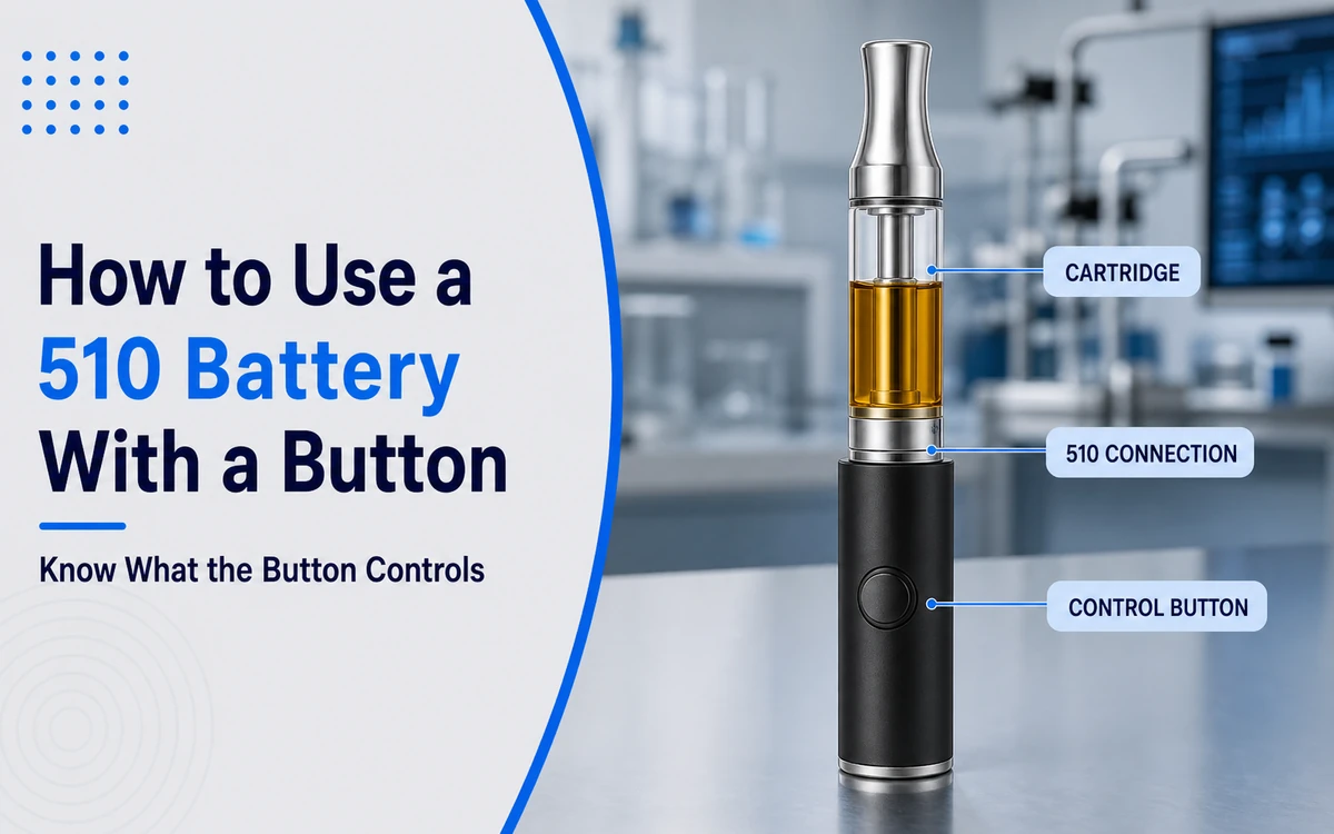 Button-equipped 510 battery connected to an oil cartridge with the main components labeled